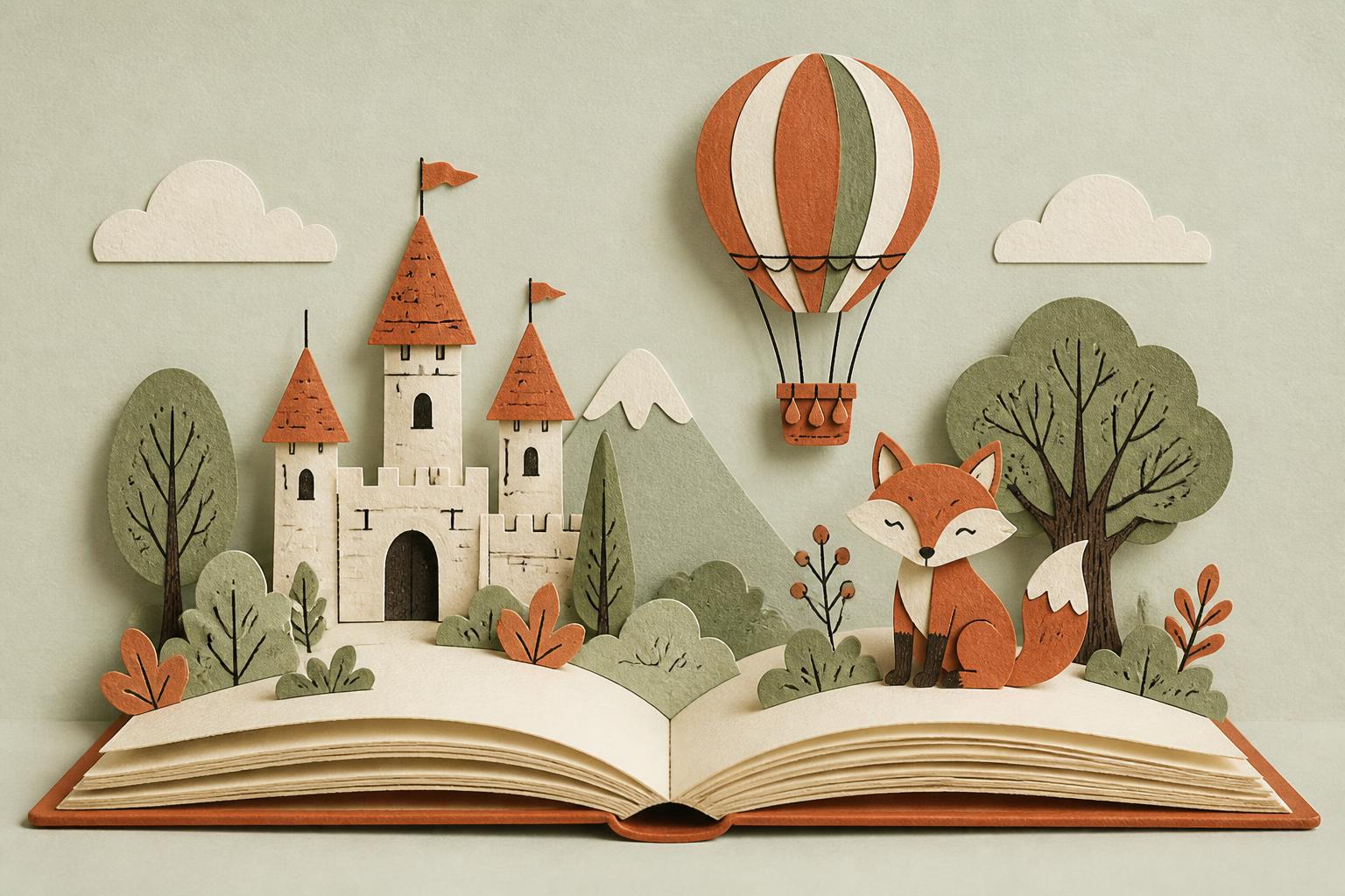 Illustration of an open storybook with a castle, trees, a hot-air balloon and a fox rising from its pages